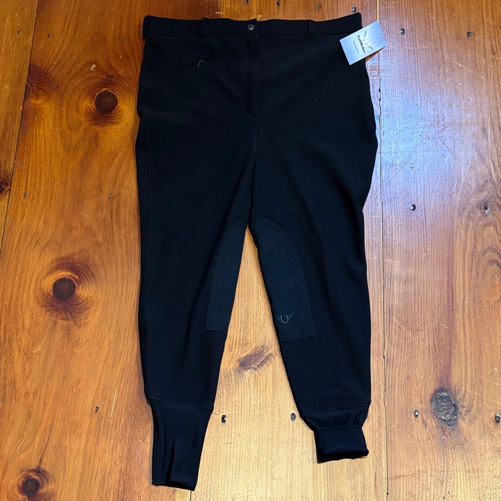 New! TUFF RIDER 36 Black Ribbed Front Zip Knee Patch Breeches Equestrian